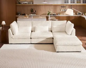 Oversized Modular Sofa, Extra Deep Cloud Corduroy Sectional Couch with Ottoman Chaise, Fluffy Chenille 4 Seat L-Shaped Sofa for Living Room, Villa (L Shape 4 Seater, Corduroy White)