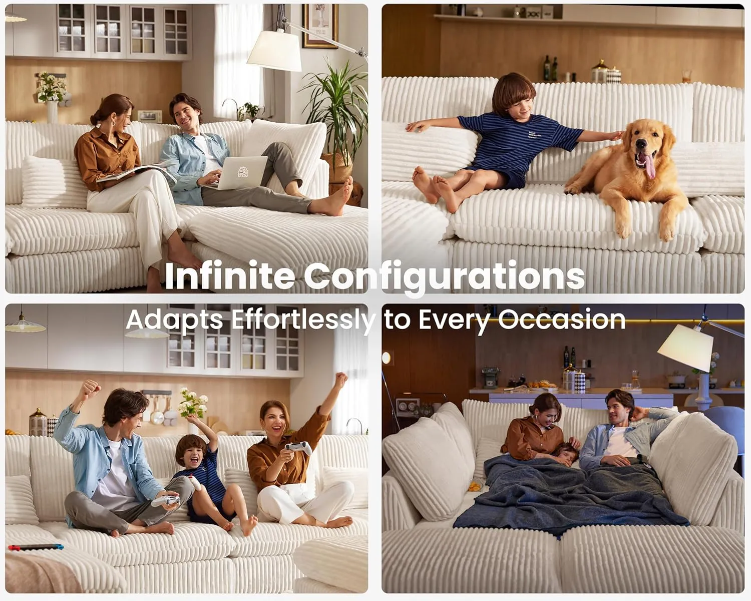 Oversized Modular Sofa, Extra Deep Cloud Corduroy Sectional Couch with Ottoman Chaise, Fluffy Chenille 4 Seat L-Shaped Sofa for Living Room, Villa (L Shape 4 Seater, Corduroy White)