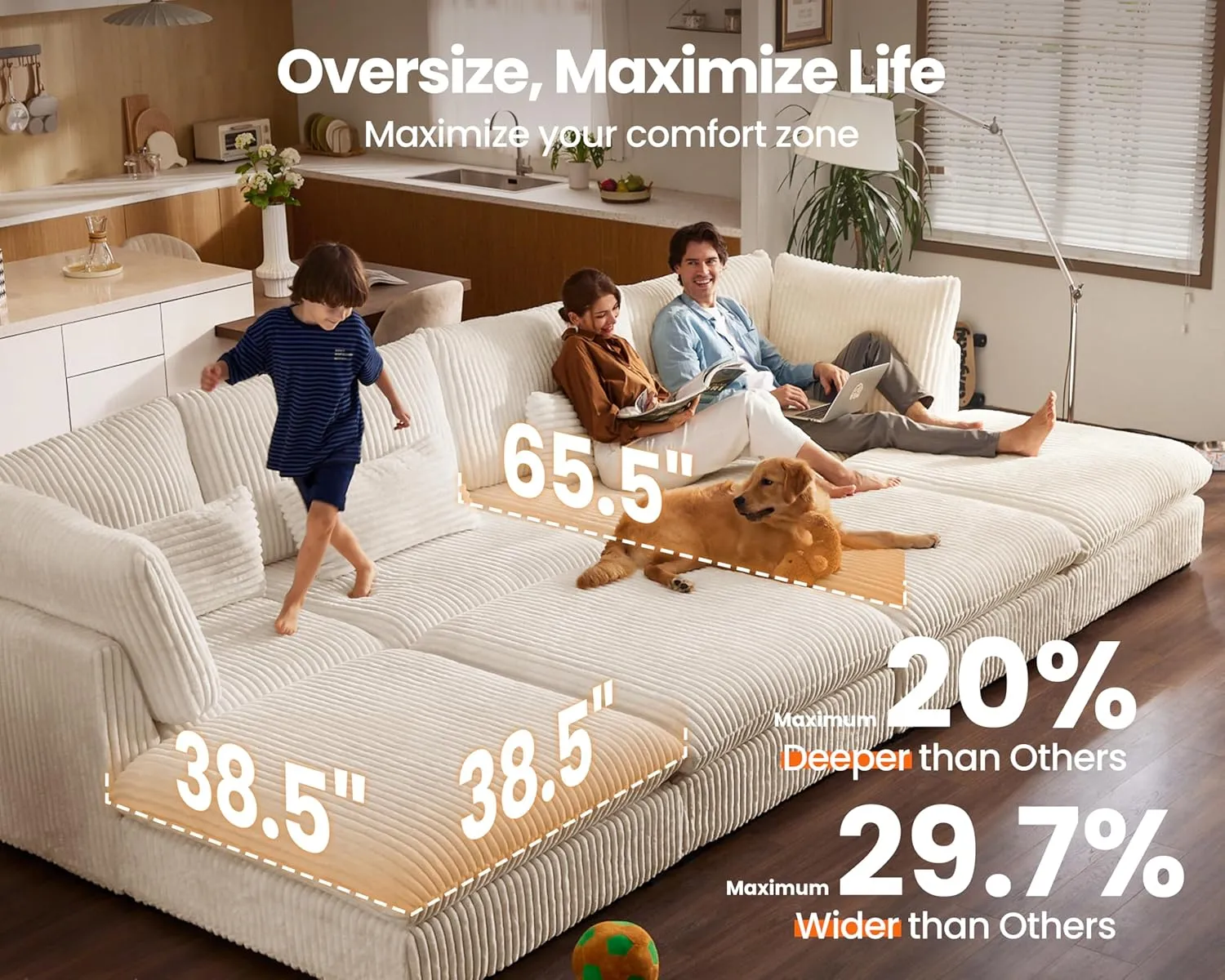 Oversized Modular Sofa, Extra Deep Cloud Corduroy Sectional Couch with Ottoman Chaise, Fluffy Chenille 4 Seat L-Shaped Sofa for Living Room, Villa (L Shape 4 Seater, Corduroy White)