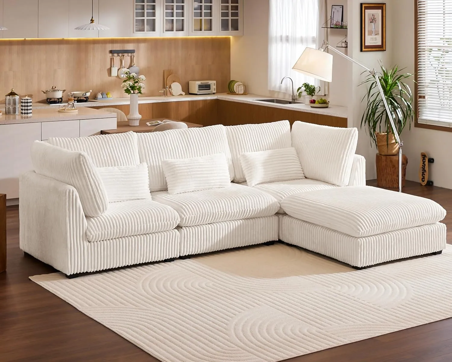 Oversized Modular Sofa, Extra Deep Cloud Corduroy Sectional Couch with Ottoman Chaise, Fluffy Chenille 4 Seat L-Shaped Sofa for Living Room, Villa (L Shape 4 Seater, Corduroy White)