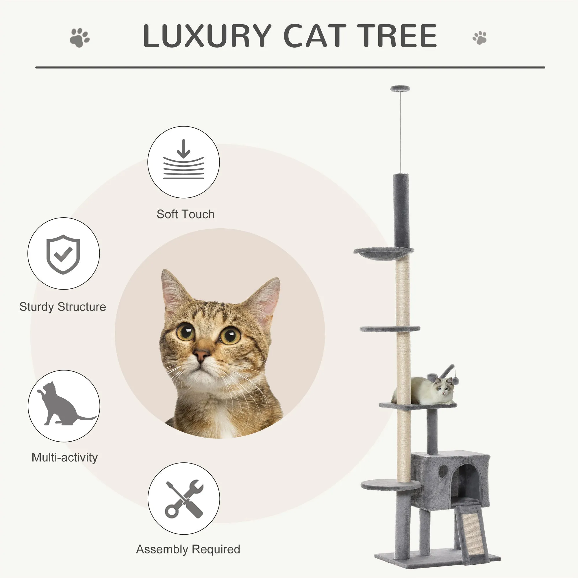 PawHut 238-270cm Cat Tree Tower Ceiling High w/ Sisal Scratching Post Light Grey