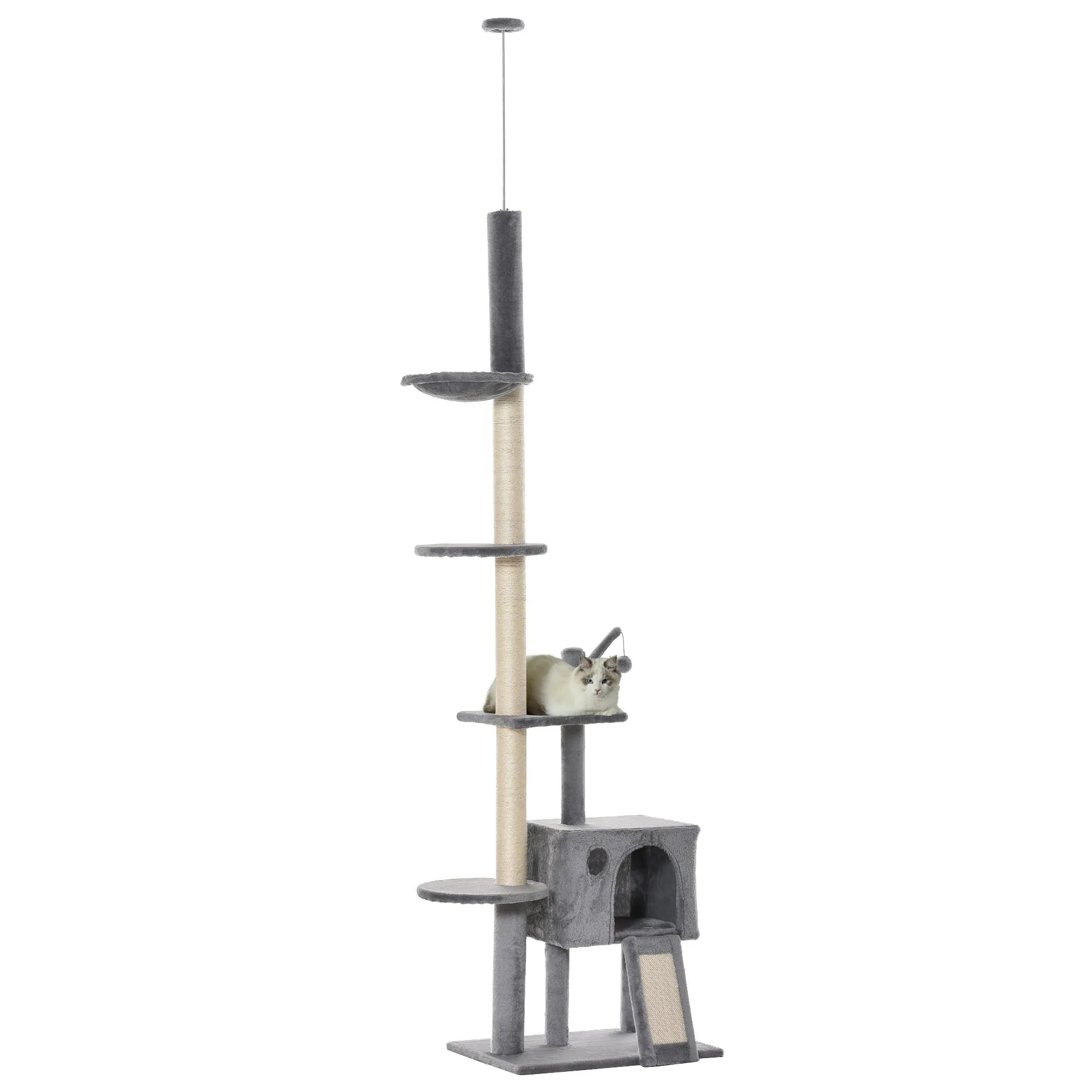 PawHut 238-270cm Cat Tree Tower Ceiling High w/ Sisal Scratching Post Light Grey
