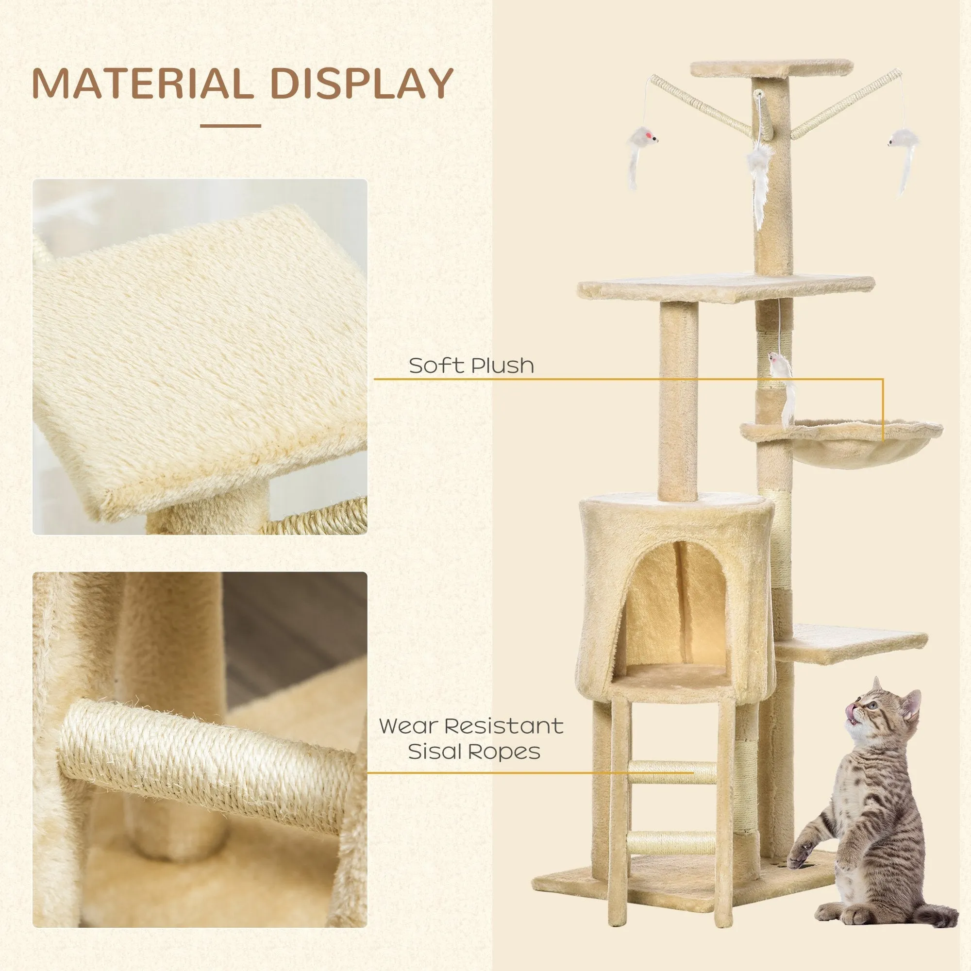 PawHut Cat Tree for Indoor Cats 135cm Cat Tower Scratching Post Kitty Scratcher Climbing Tower with Ladder, Beige