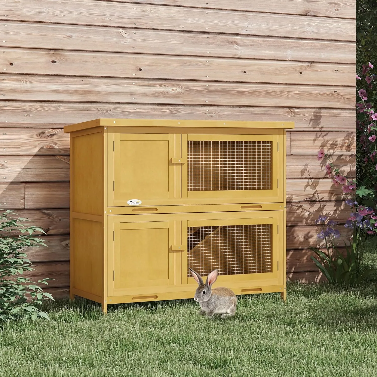 PawHut Wooden Bunny Rabbit Hutch, Small Animal Habitat with Ramp, Removable Tray & Weatherproof Roof, Indoor/Outdoor, Yellow