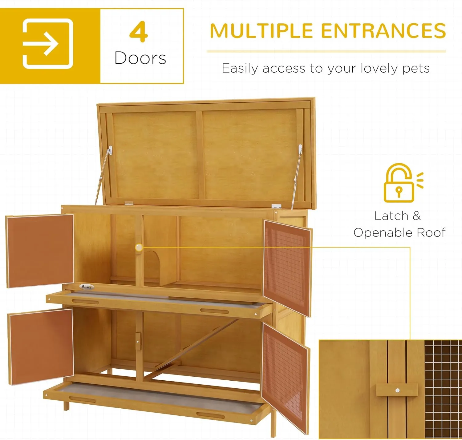 PawHut Wooden Bunny Rabbit Hutch, Small Animal Habitat with Ramp, Removable Tray & Weatherproof Roof, Indoor/Outdoor, Yellow