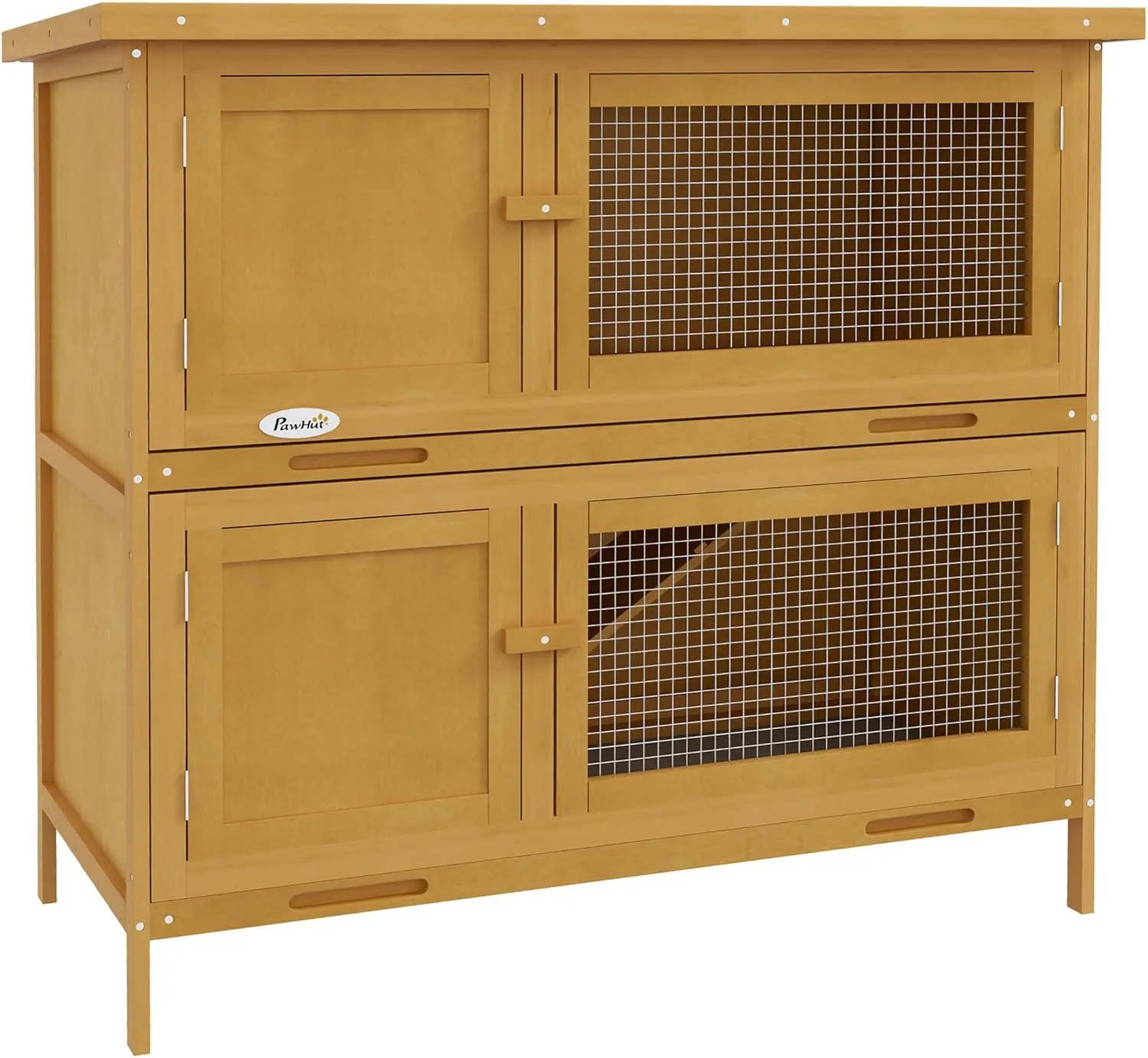 PawHut Wooden Bunny Rabbit Hutch, Small Animal Habitat with Ramp, Removable Tray & Weatherproof Roof, Indoor/Outdoor, Yellow