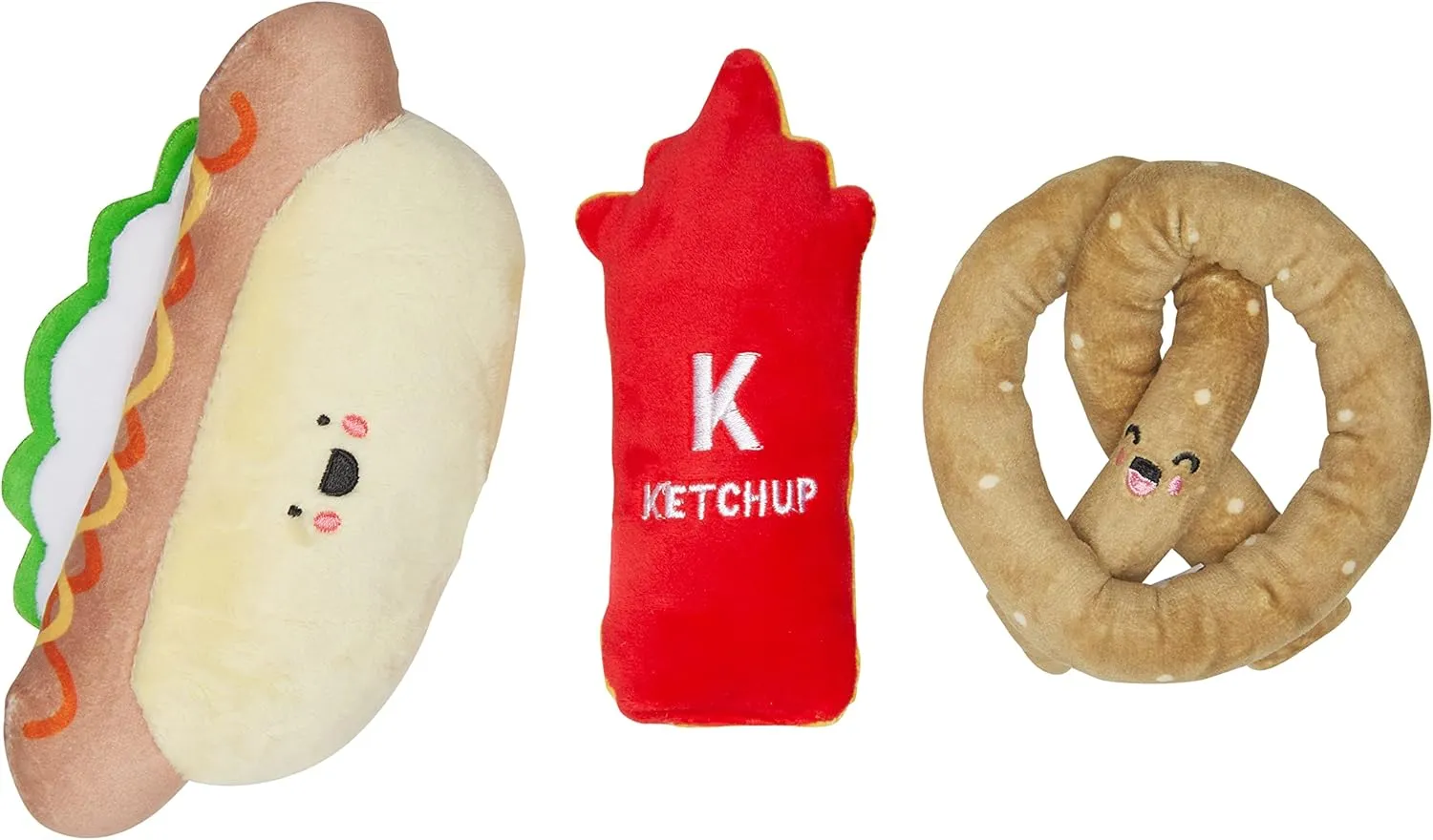 Pearhead Ballpark Dog Toys, Set of 3, Plush Chew Toys for Dogs, Ketchup Pretzel & Hotdog Dog Toy Set, Must Have Pet Accessories for Dog Owners