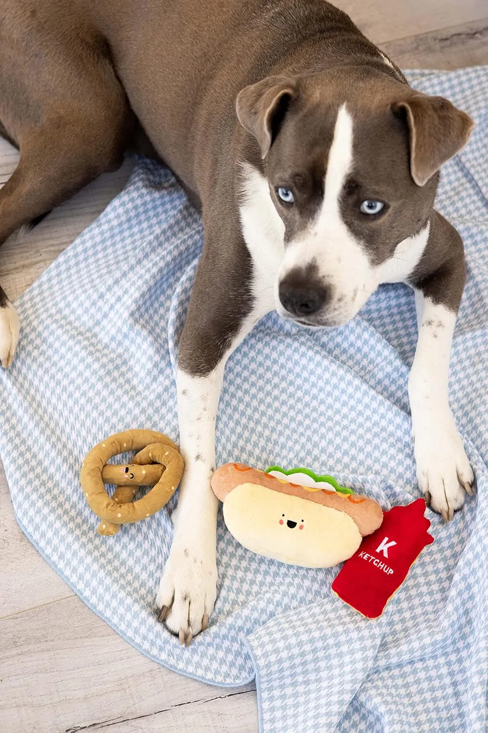 Pearhead Ballpark Dog Toys, Set of 3, Plush Chew Toys for Dogs, Ketchup Pretzel & Hotdog Dog Toy Set, Must Have Pet Accessories for Dog Owners