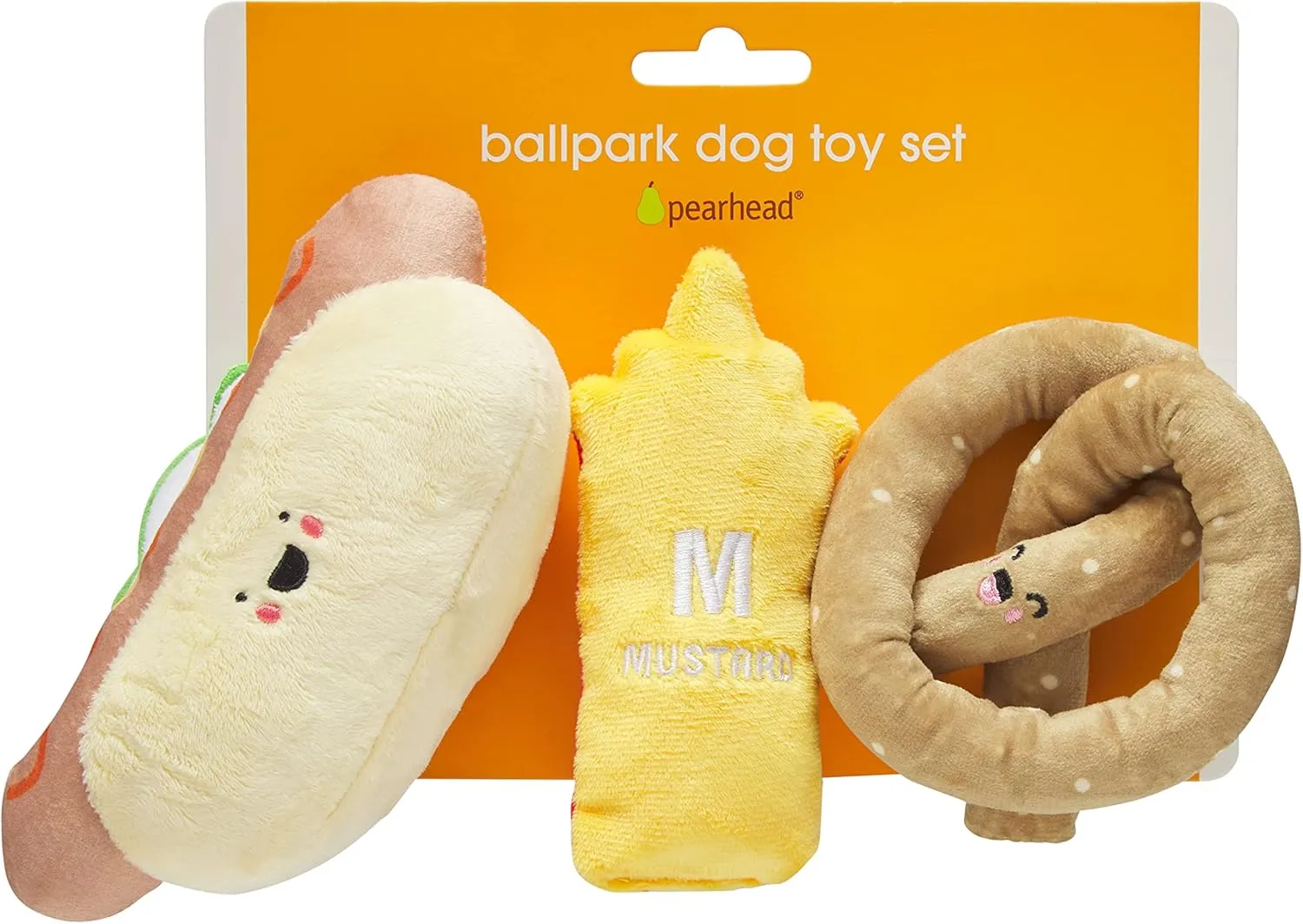 Pearhead Ballpark Dog Toys, Set of 3, Plush Chew Toys for Dogs, Ketchup Pretzel & Hotdog Dog Toy Set, Must Have Pet Accessories for Dog Owners