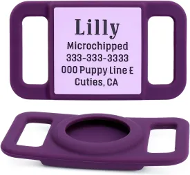 Personalized Dog Collar Holder, Customized Info Silent Silicone Case, Soft & Elastic for Easy Installation, Deep Engraved Slide On Collar Dog ID Tag (Purple)