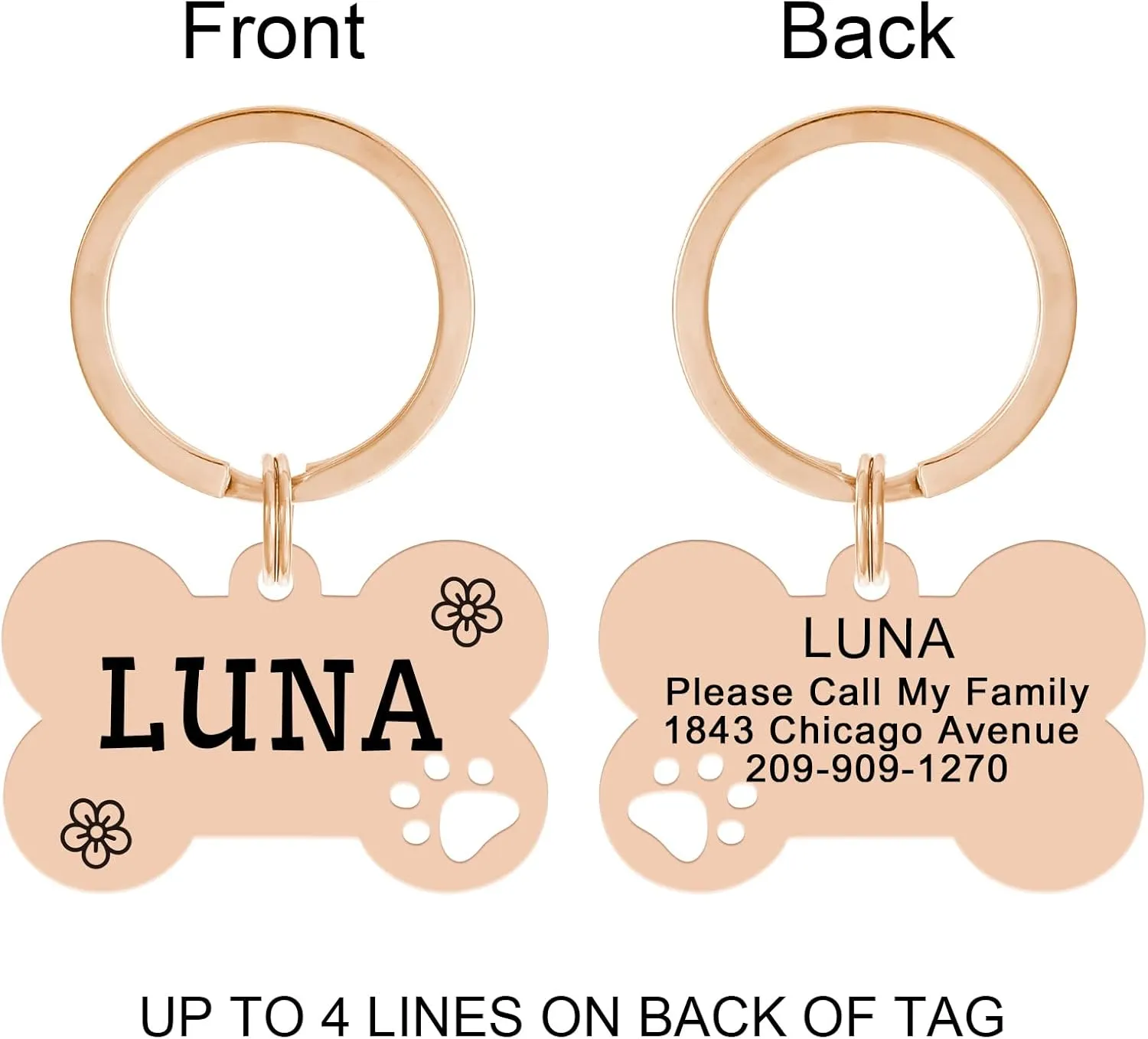 Personalized Pet ID Tags, Stainless Steel Dog Tags,Custom Bone&Hollowed Paw Shaped Engraved Dog Name, Label, Address & Phone, Customizable on Both Sides (Medium, Rose Gold)