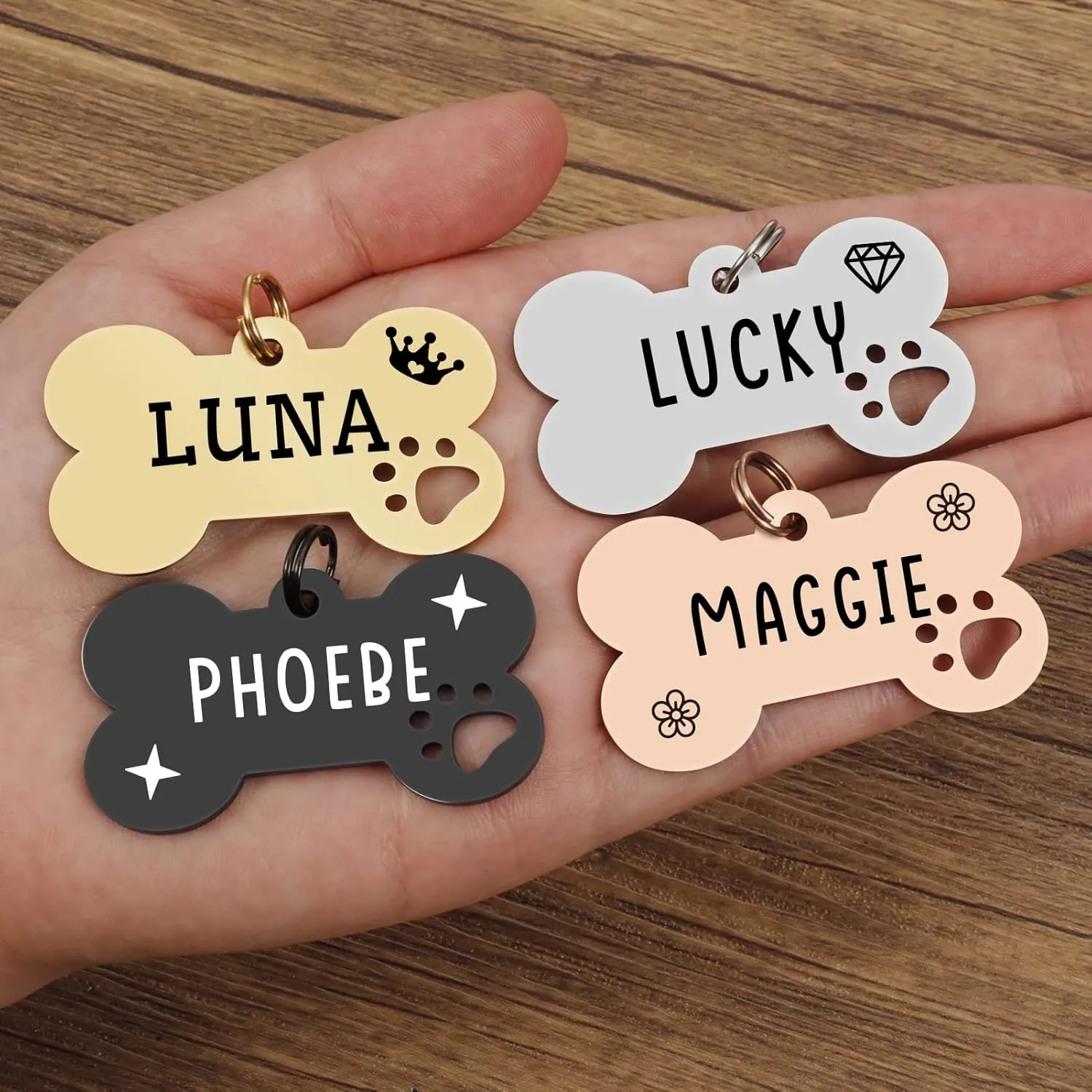 Personalized Pet ID Tags, Stainless Steel Dog Tags,Custom Bone&Hollowed Paw Shaped Engraved Dog Name, Label, Address & Phone, Customizable on Both Sides (Medium, Rose Gold)