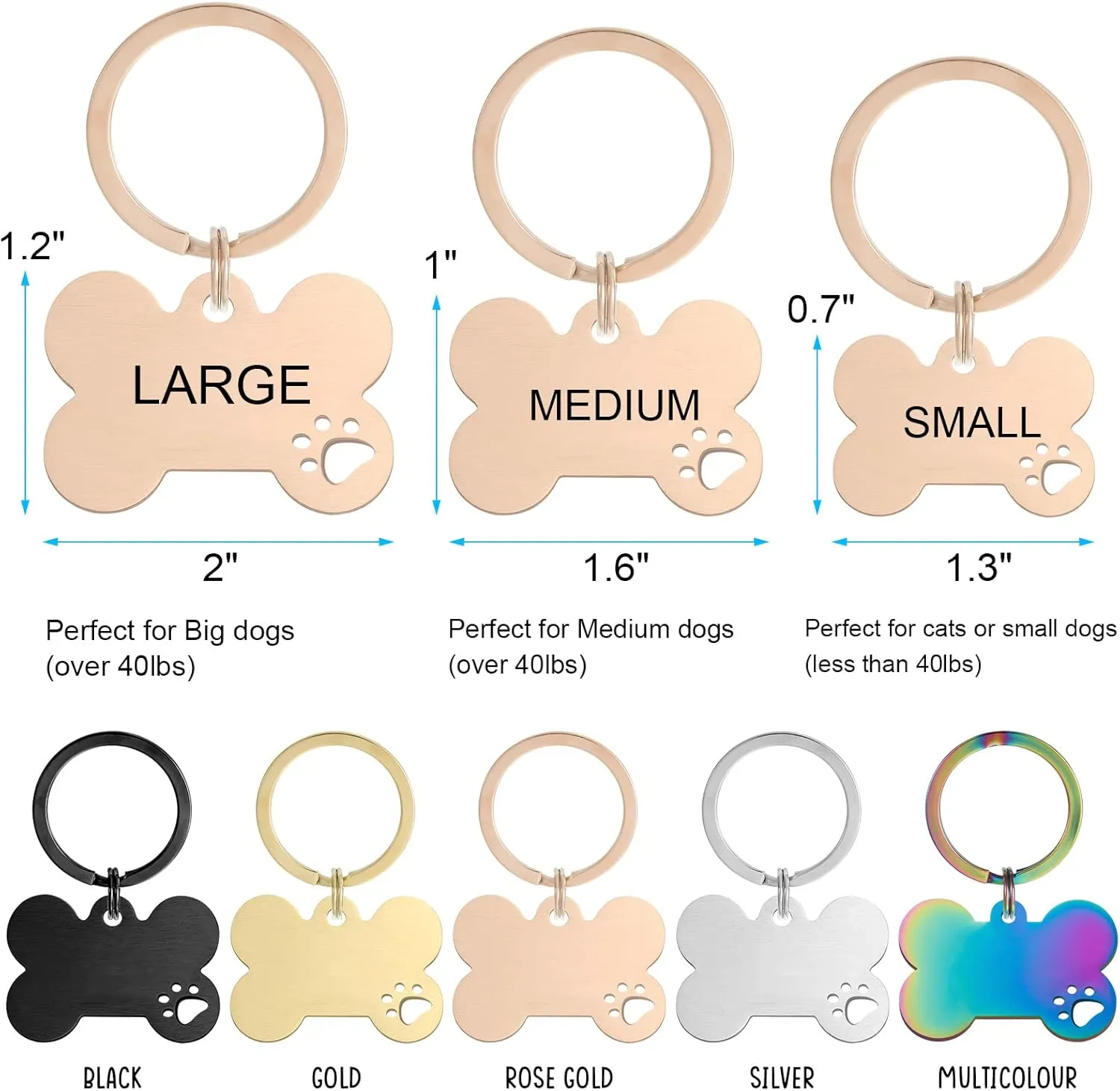 Personalized Pet ID Tags, Stainless Steel Dog Tags,Custom Bone&Hollowed Paw Shaped Engraved Dog Name, Label, Address & Phone, Customizable on Both Sides (Medium, Rose Gold)