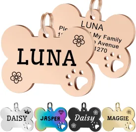 Personalized Pet ID Tags, Stainless Steel Dog Tags,Custom Bone&Hollowed Paw Shaped Engraved Dog Name, Label, Address & Phone, Customizable on Both Sides (Medium, Rose Gold)