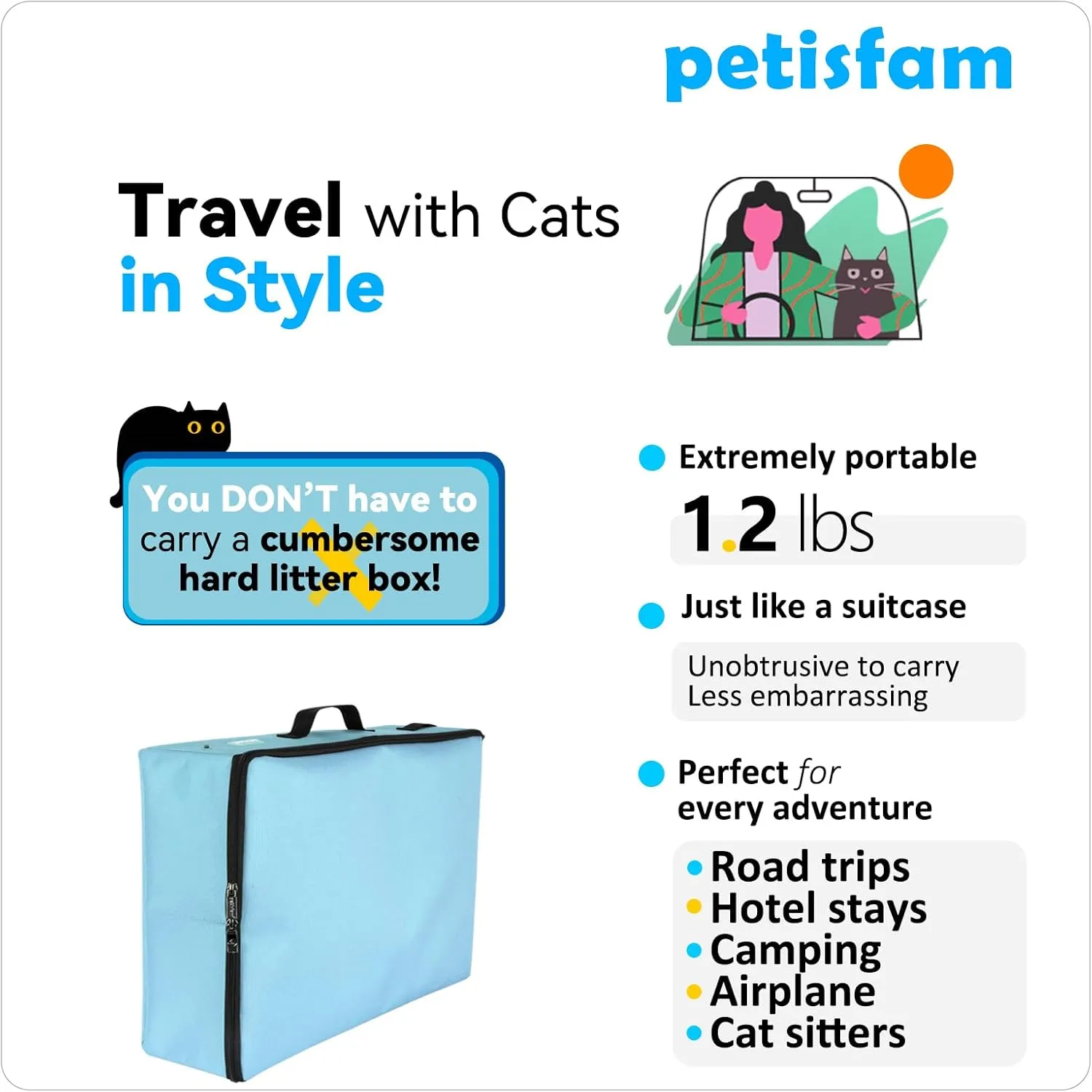 petisfam Portable Travel Cat Litter Box for Medium Cats and Kitty with Zipped Lid to Keep Litter and Odor Contained