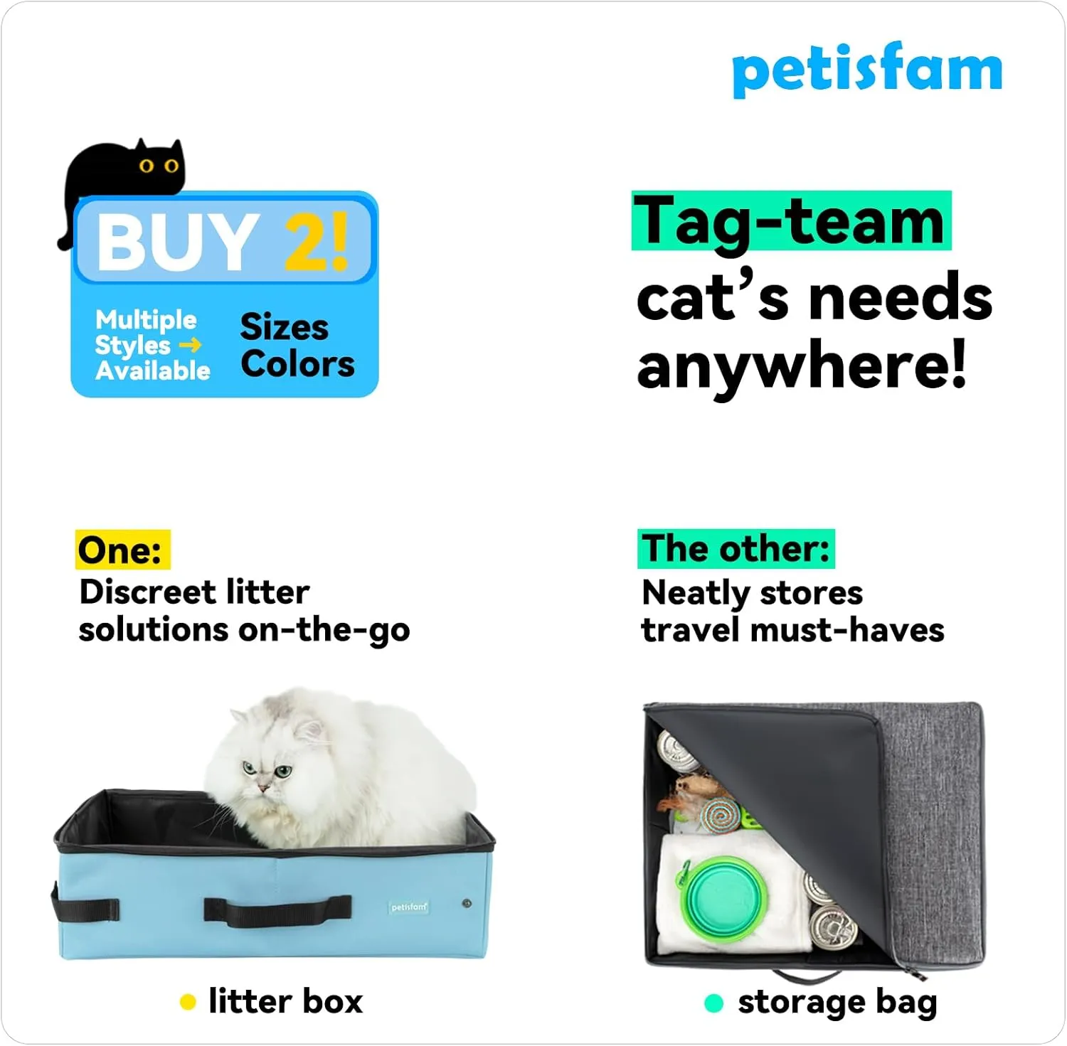 petisfam Portable Travel Cat Litter Box for Medium Cats and Kitty with Zipped Lid to Keep Litter and Odor Contained