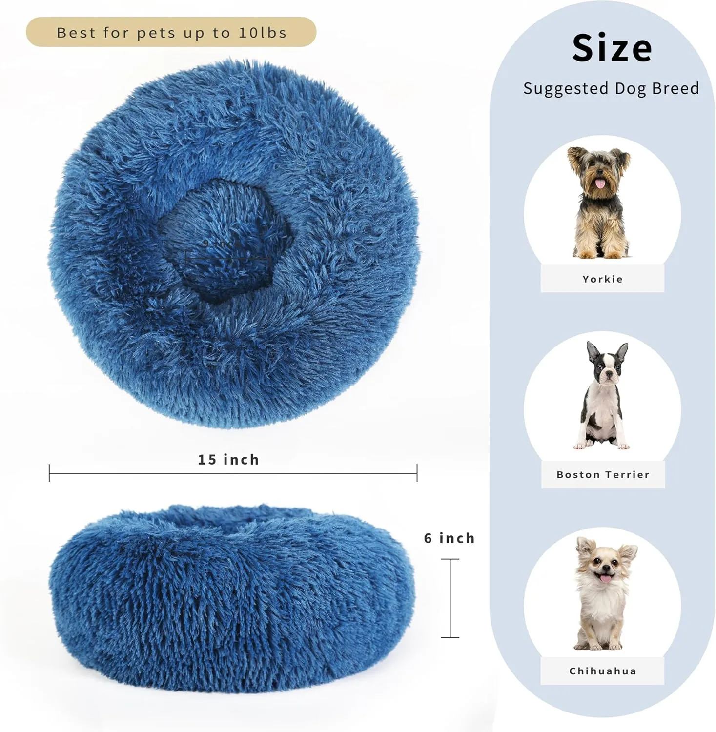Puppy Bed for Small Dogs Washable 15 Inch for Puppy,Pet Bed Small Size Dogs Donut Fluffy Cozy for Calming Warming Sleeping,Navy Blue