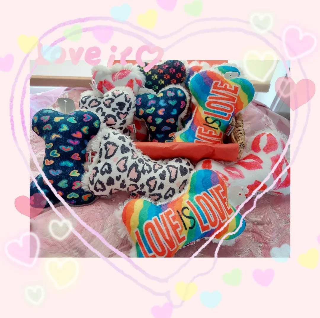 Rainbow hearts, or paw prints or Love is Love Plush Dog Toy Bone Made in the USA