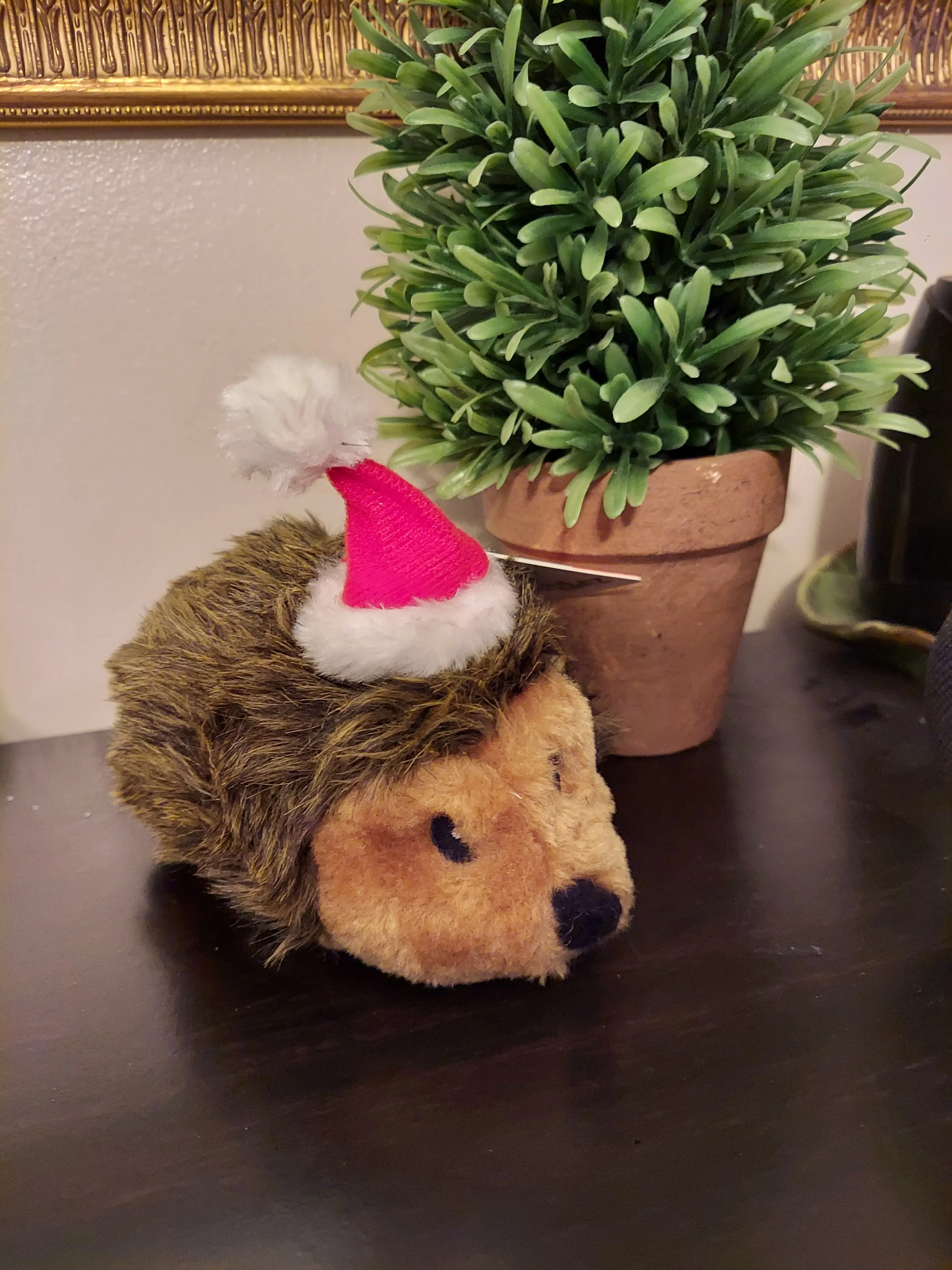 Small Christmas Holiday Hedgehog Plush Dog Toy with Santa Claus Hat