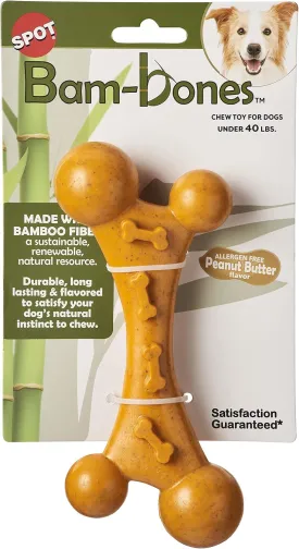 SPOT Bam-Bones Nubby Bone - Made with Strong Bamboo Fiber, Durable Long Lasting Chew Toy for Light to Moderate Chewers for Dogs & Teething Puppies Under 40lbs, 7in Allergen Free Peanut Butter Flavor