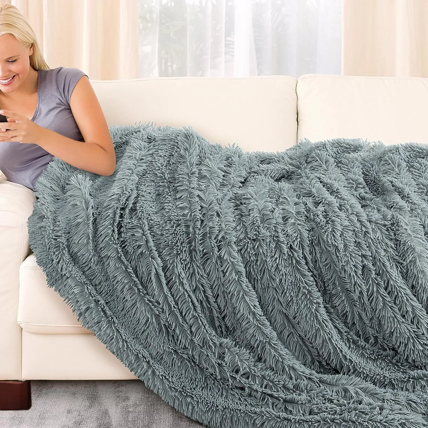 TOONOW Extra Soft Fuzzy Faux Fur Blanket Twin Size 70"x78", Reversible Lightweight Plush Fuzzy Cozy Soft Blankets and Throws for Couch Sofa Bed, Decorative Fluffy Plush Comfy Blanket, Blue Grey