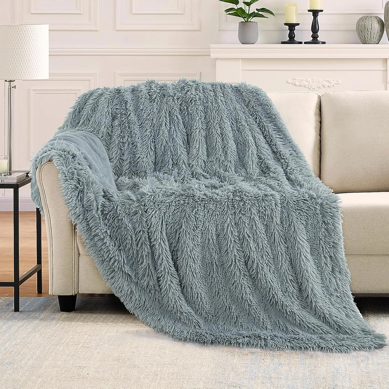 TOONOW Extra Soft Fuzzy Faux Fur Blanket Twin Size 70"x78", Reversible Lightweight Plush Fuzzy Cozy Soft Blankets and Throws for Couch Sofa Bed, Decorative Fluffy Plush Comfy Blanket, Blue Grey