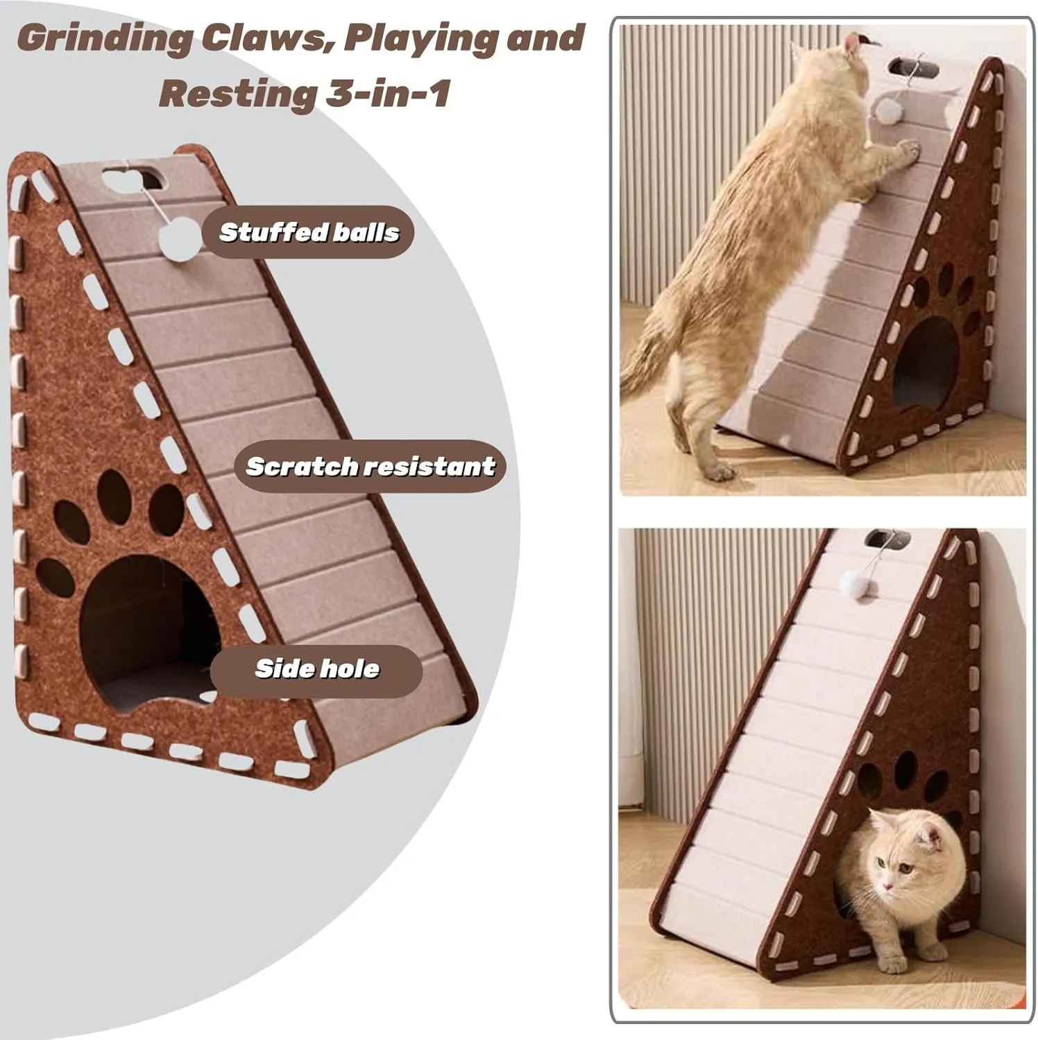 Triangular Felt Cat Scratcher & Bed,24in Tall Vertical Cat Scratch Pad with Plush Ball Toy Durable Mess-Free Space-Saving Indoor Scratcher Ramp for Claw Health (B)