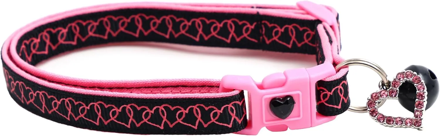 Valentines Day Cat Collar with Bell | Safety Breakaway Collar | Adjustable Large Size or Kitten Collar (Linked Hearts on Black, Large(10lbs & Up))