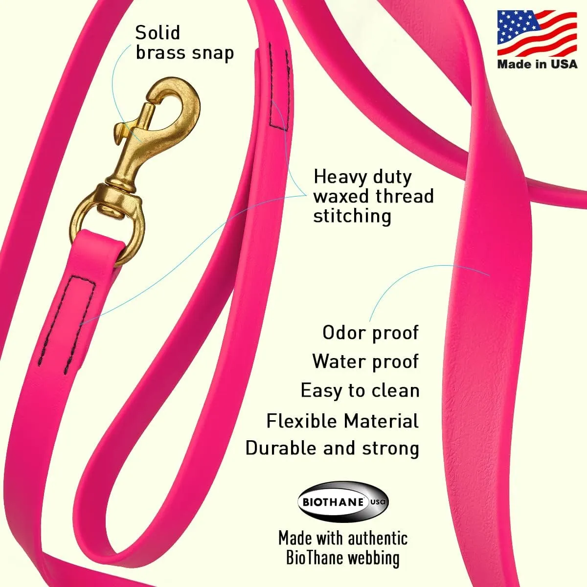 Viper Biothane K9 Working Dog Leash Waterproof Lead for Tracking Training Schutzhund Odor-Proof Long Line with Solid Brass Snap for Puppy Medium and Large Dogs 4ft, Passionfruit Pink