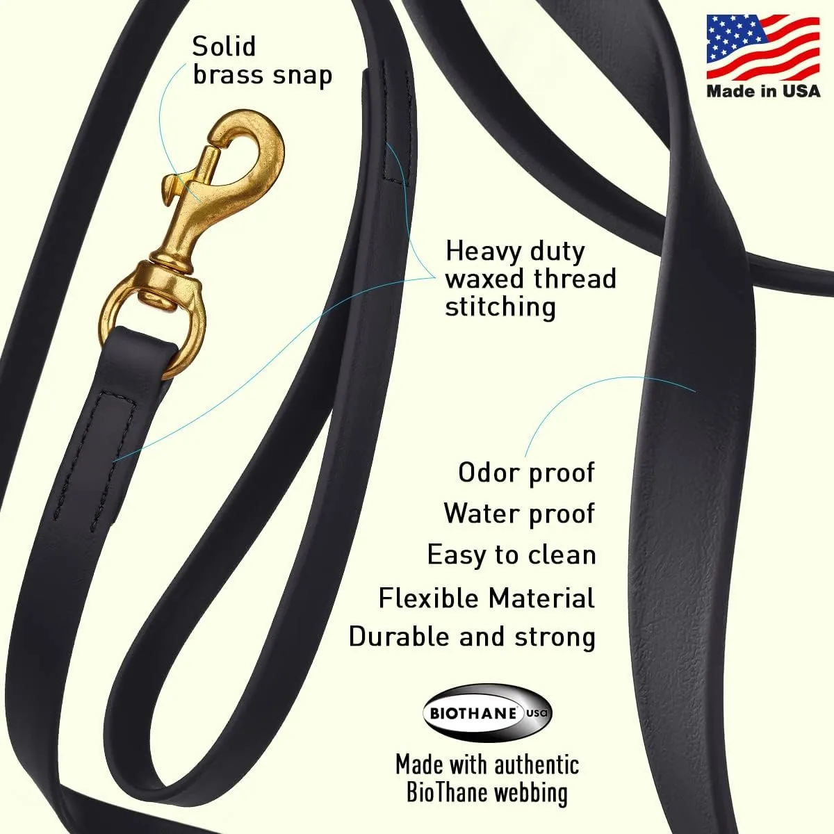 Viper Biothane K9 Working Dog Leash Waterproof Lead for Tracking Training Schutzhund Odor-Proof Long Line with Solid Brass Snap for Puppy Medium and Large Dogs 6ft, Black