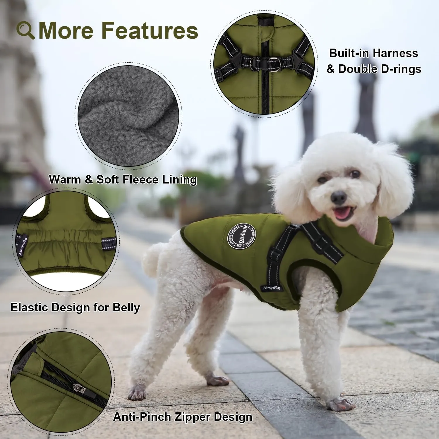 Warm Winter Coat, Fashion Sports Cold Weather Jacket With Built-in Harness, Reflective & Adjustable Comfortable Pet Vest, Waterproof Windproof Apparel for Small Dogs (Green)