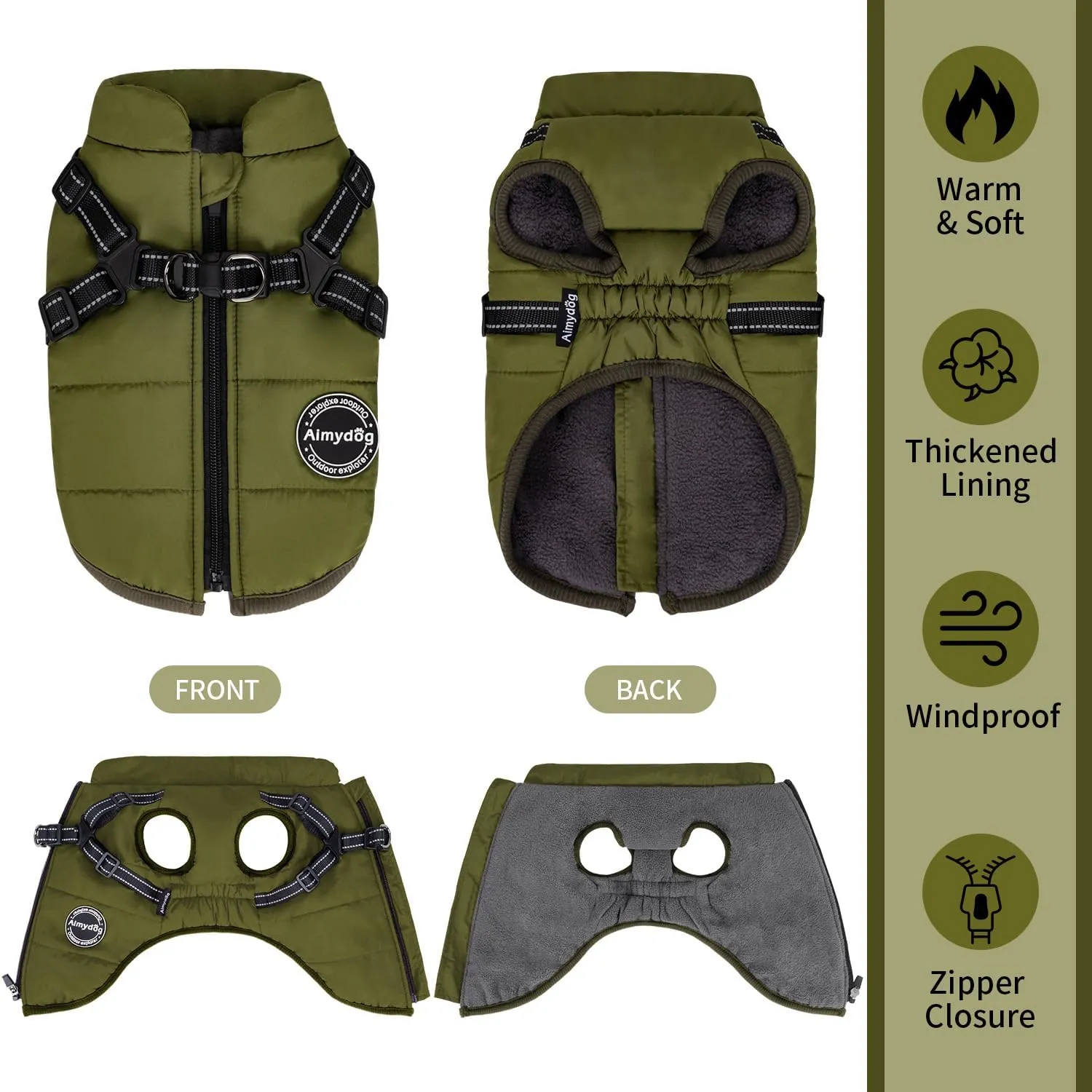 Warm Winter Coat, Fashion Sports Cold Weather Jacket With Built-in Harness, Reflective & Adjustable Comfortable Pet Vest, Waterproof Windproof Apparel for Small Dogs (Green)
