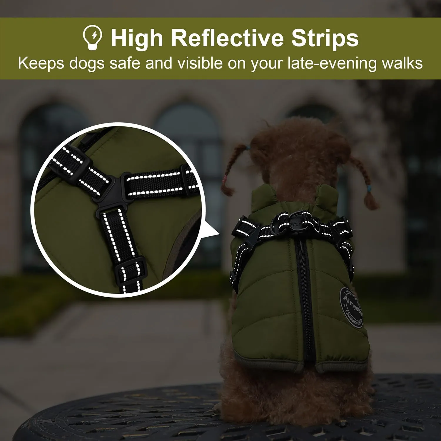 Warm Winter Coat, Fashion Sports Cold Weather Jacket With Built-in Harness, Reflective & Adjustable Comfortable Pet Vest, Waterproof Windproof Apparel for Small Dogs (Green)