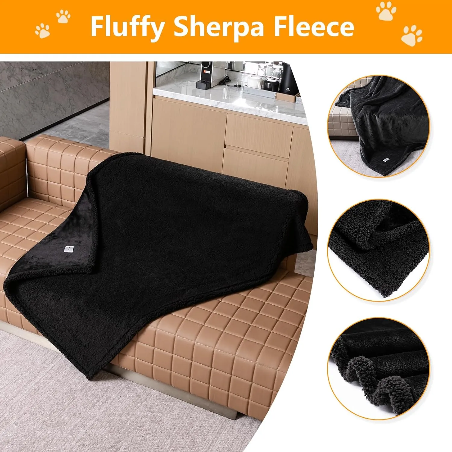 Waterproof Dog Blanket Reversible Pet Bed Cover Puppy Blankets Leakproof Sofa Couch Washable Cover Cat Fluffy Black Pet Blanket for Warm-L